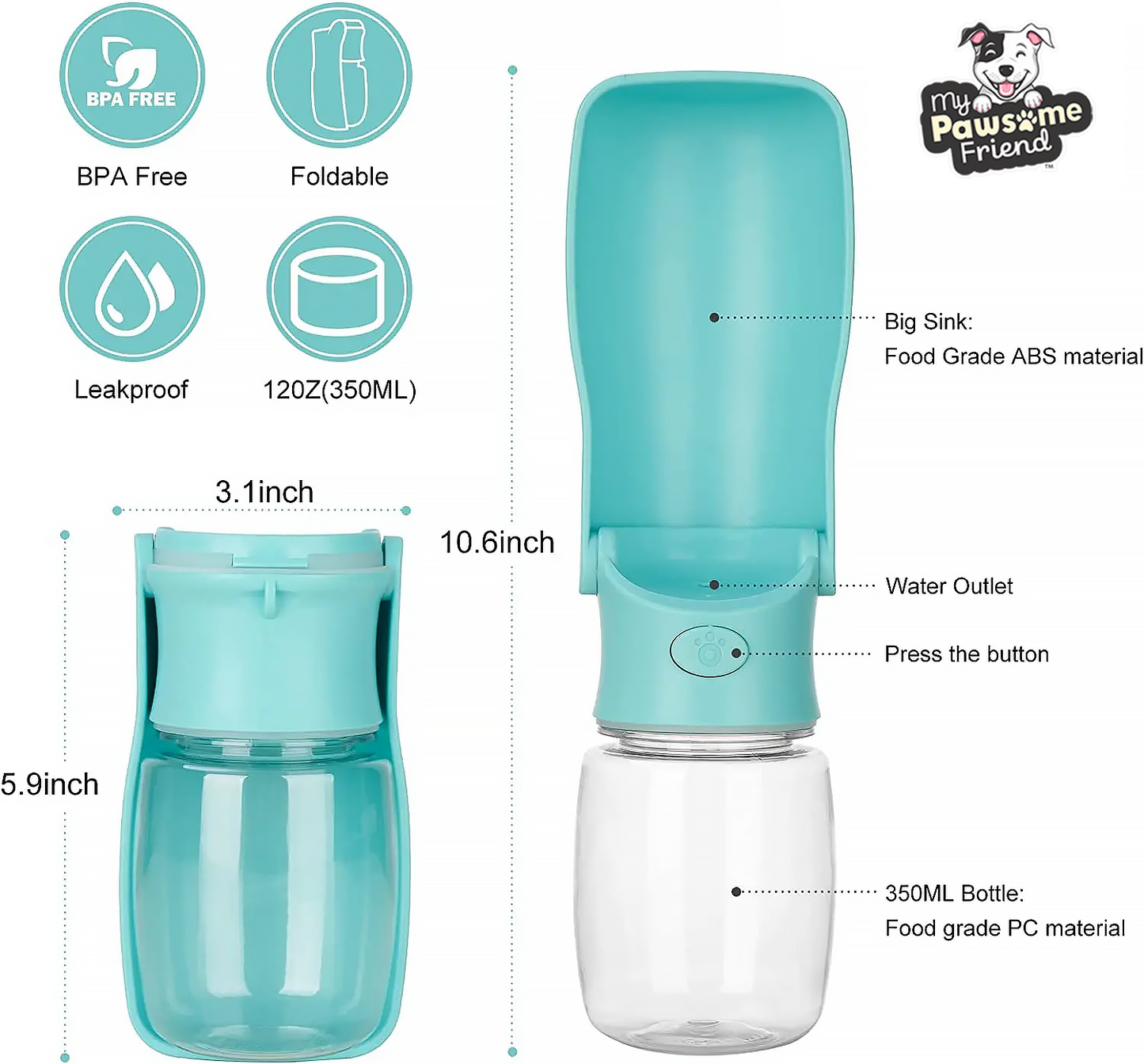 A portable pet water bottle. The pet water bottle color is green