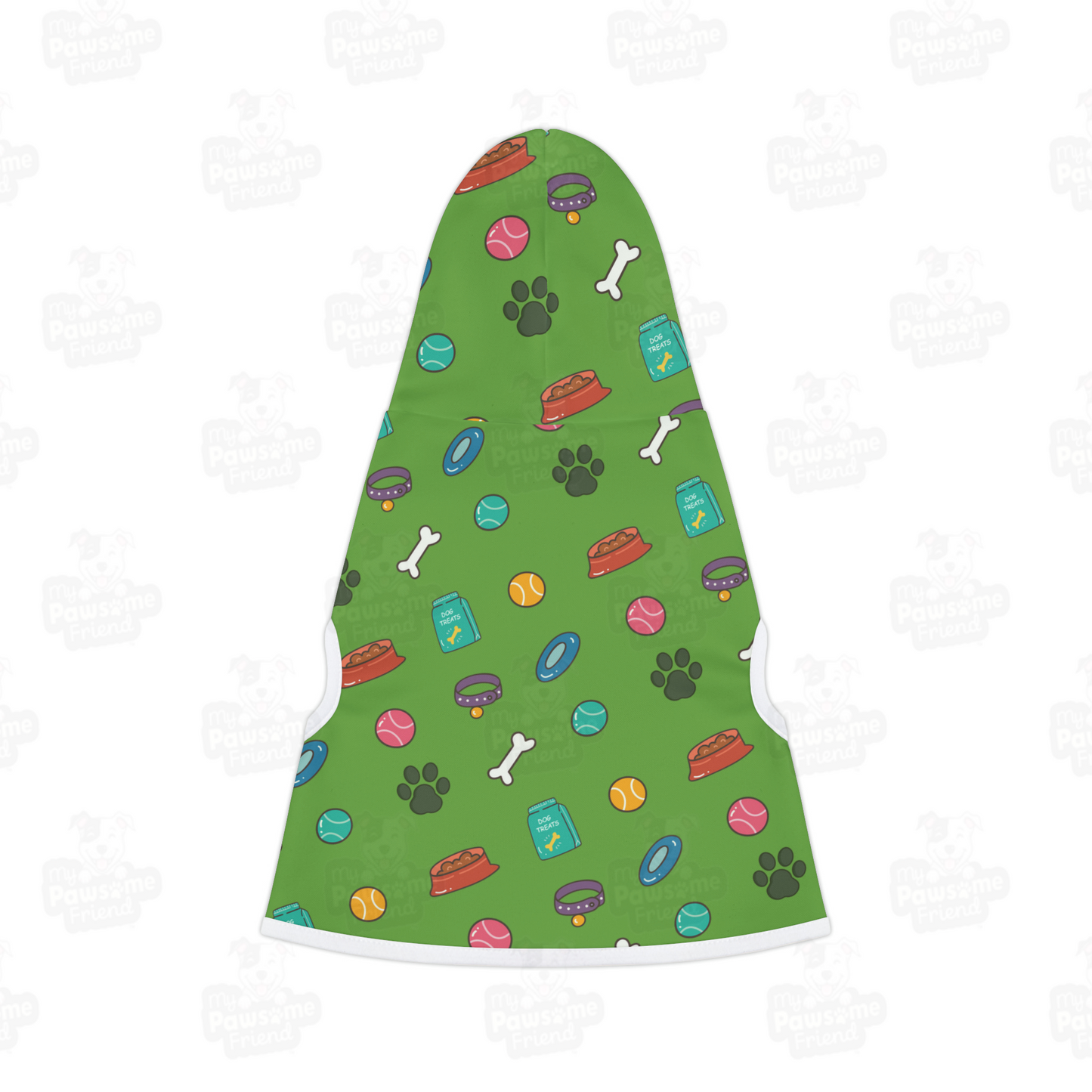 A pet hoodie with a beautiful pattern design with all things dog love. Hoodie's Color is green
