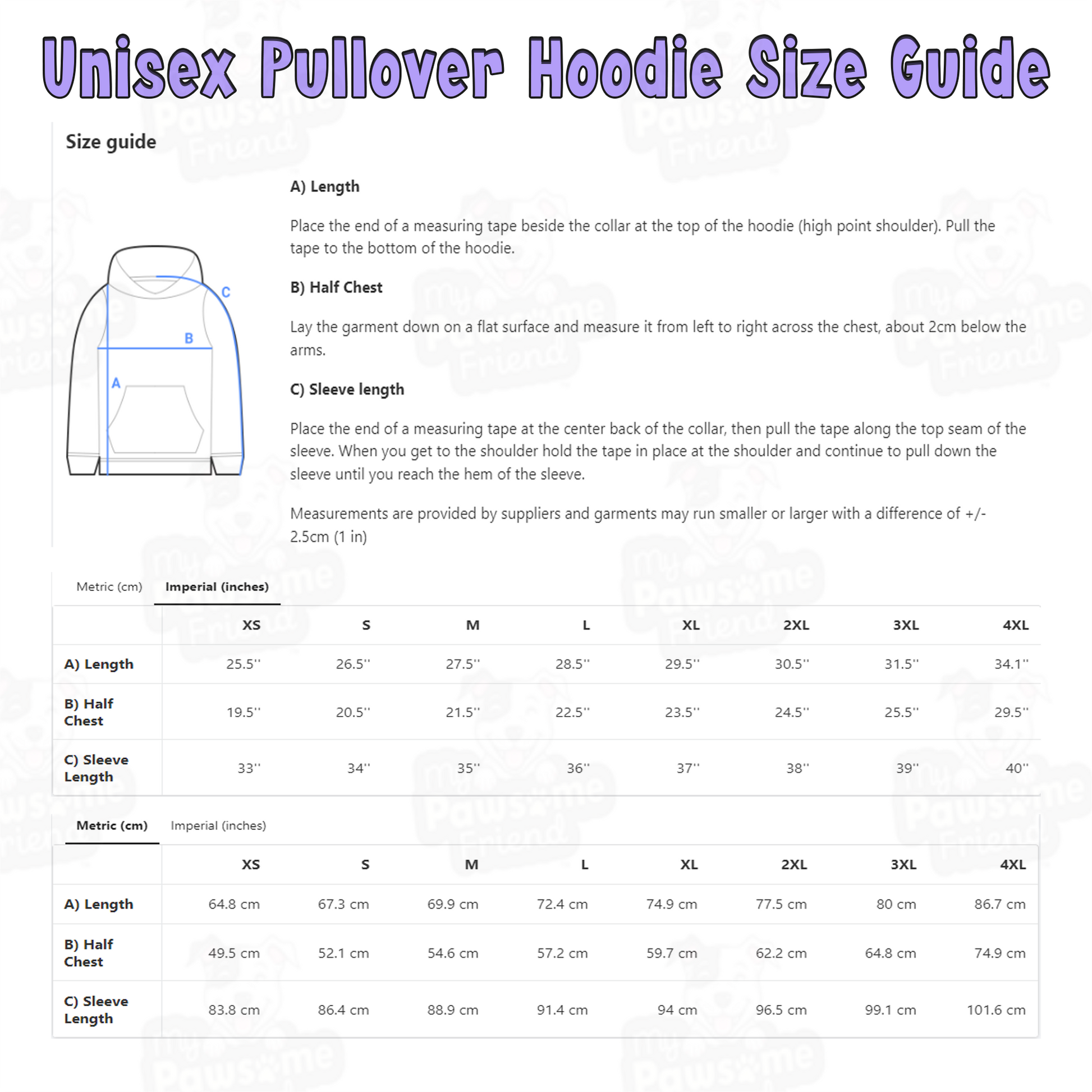 Size Chart for Unisex Hoodie with the design: "HUSKIES: Every Night Is Karaoke Night."
