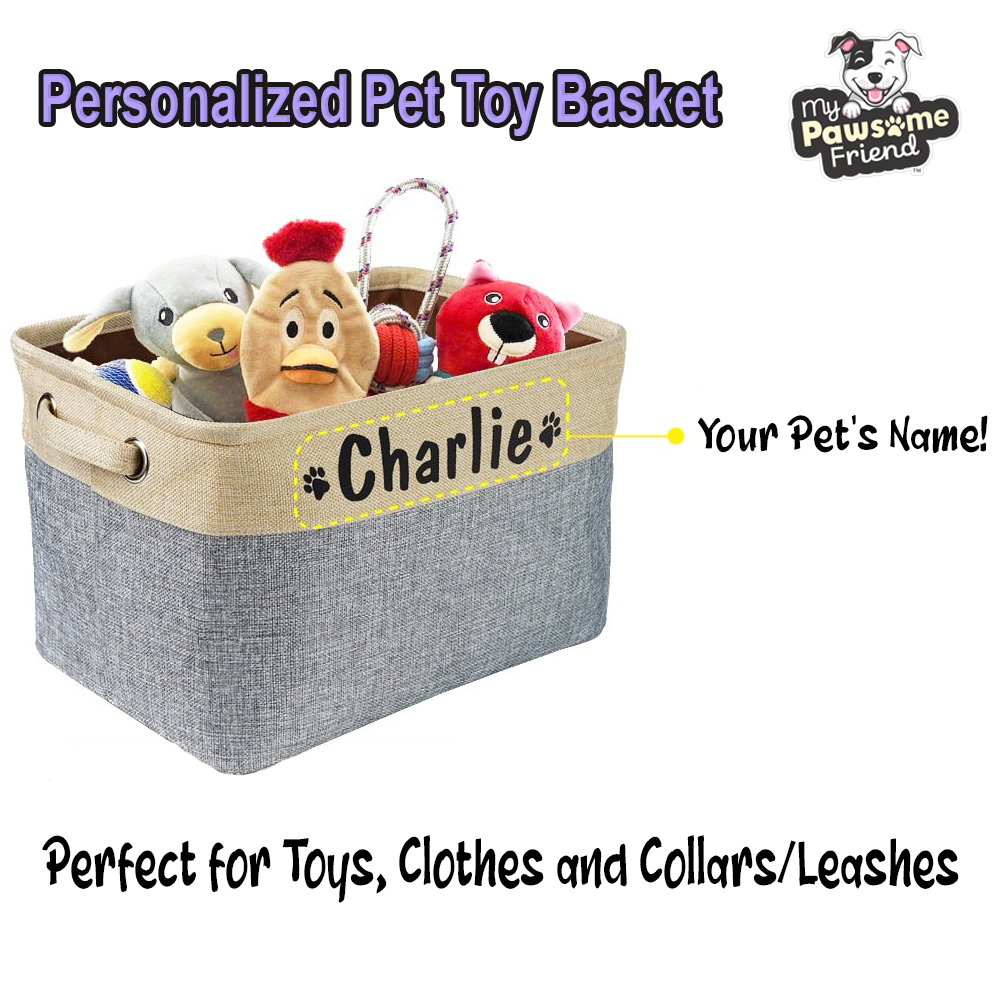 a personalized pet toy basket filled with dog toys