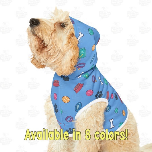 a cute dog wearing a pet hoodie. The pet hoodie has a beautiful pattern design with all things dog love. Hoodie's Color is blue