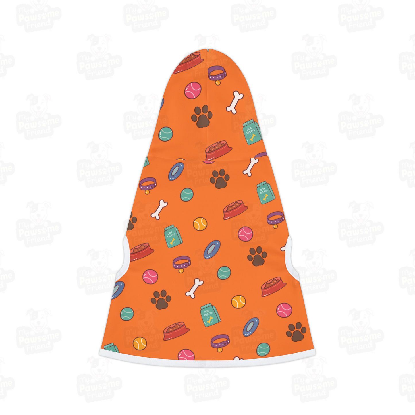 A pet hoodie with a beautiful pattern design with all things dog love. Hoodie's Color is orange