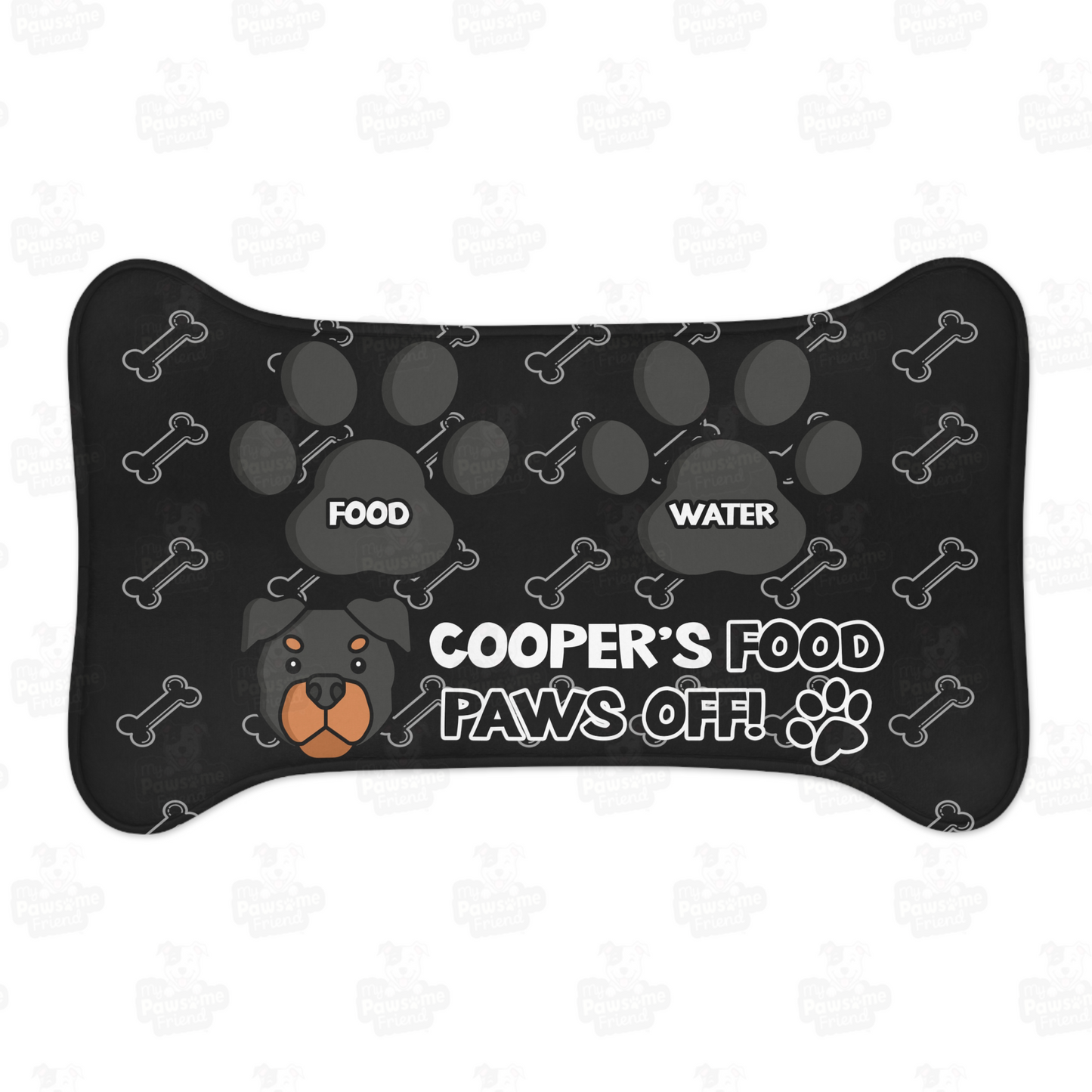 a personalized dog food mat with the a bone shape, two big paws with the words "Food" and "Water" at the top. And the face of a cute dog next to the words "Dog's Food Paws Off!". Color of the pet feeding mat is black