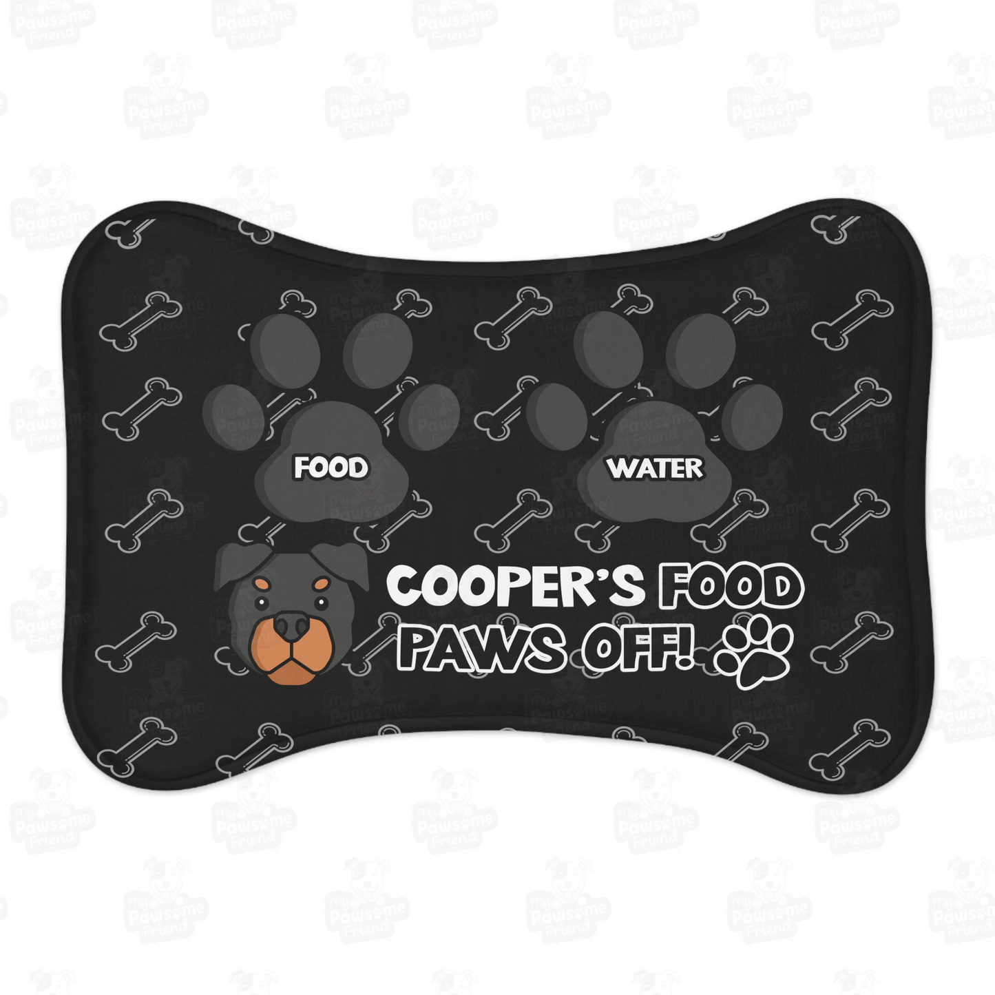 a personalized dog food mat with the a bone shape, two big paws with the words "Food" and "Water" at the top. And the face of a cute dog next to the words "Dog's Food Paws Off!". Color of the pet feeding mat is black