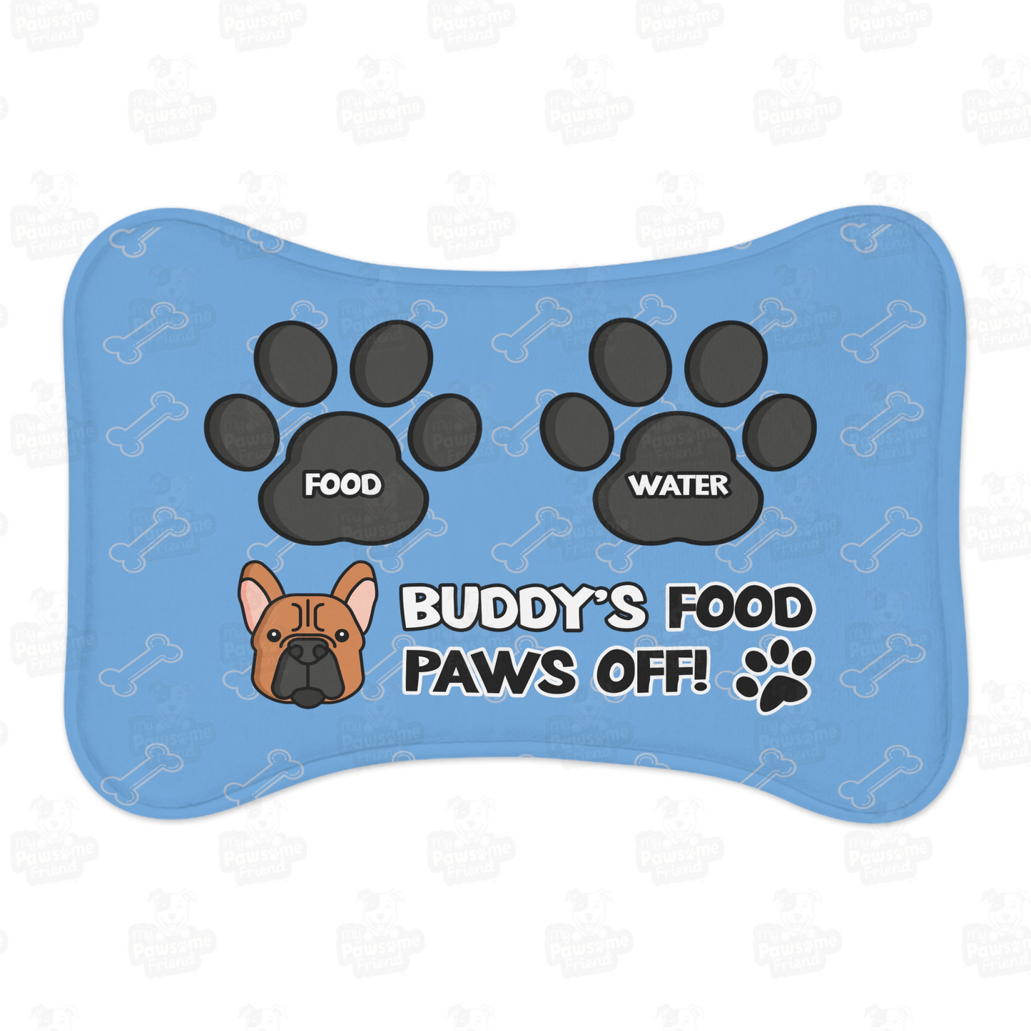 a personalized dog food mat with the a bone shape, two big paws with the words "Food" and "Water" at the top. And the face of a cute dog next to the words "Dog's Food Paws Off!". Color of the pet feeding mat is blue