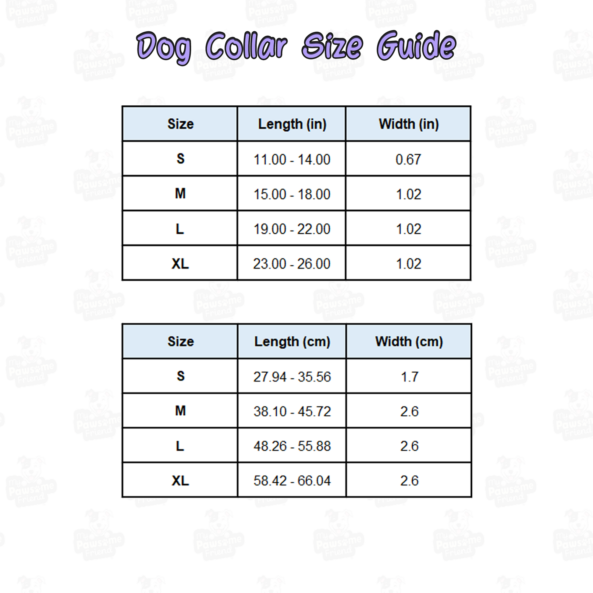 size chart for a dog collar with a beautiful hearts pattern design and the dog's name in the middle of the collar