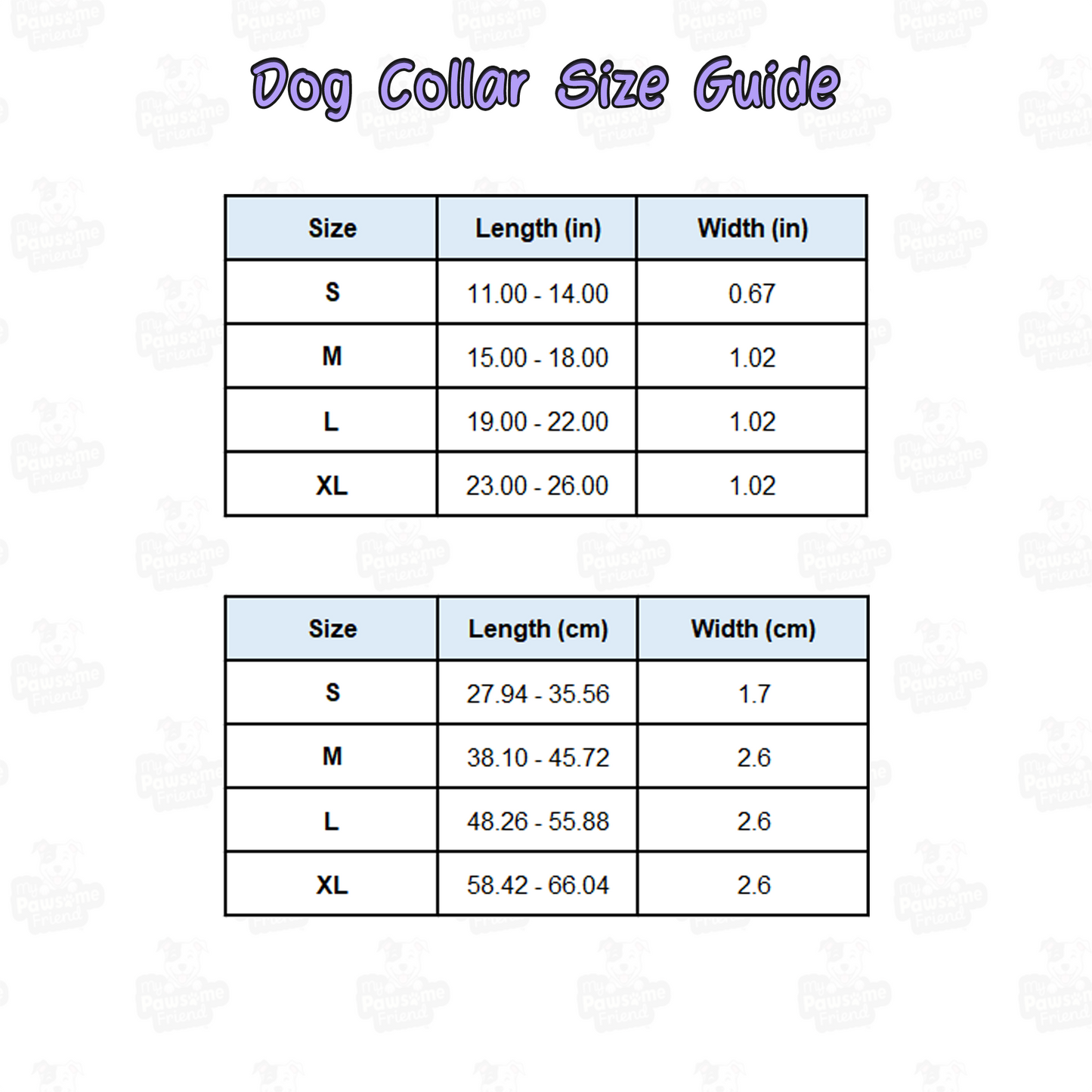 size chart for a dog collar with a beautiful hearts pattern design