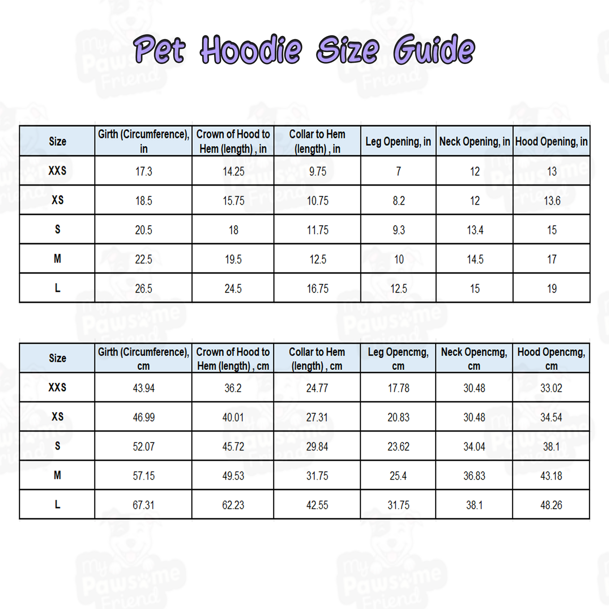 Size Guide for A pet hoodie with a beautiful pattern design with all things dog love. Hoodie's Color is blue