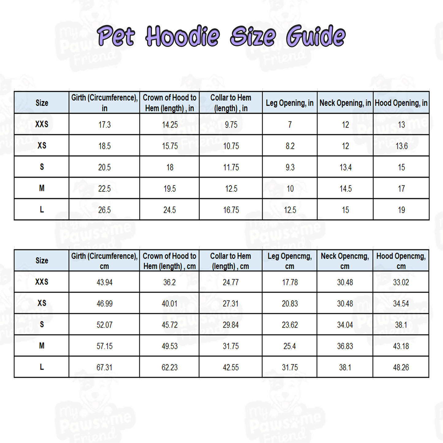 size chart for a pet hoodie with a beautiful hearts pattern design. Hoodie's Color is red