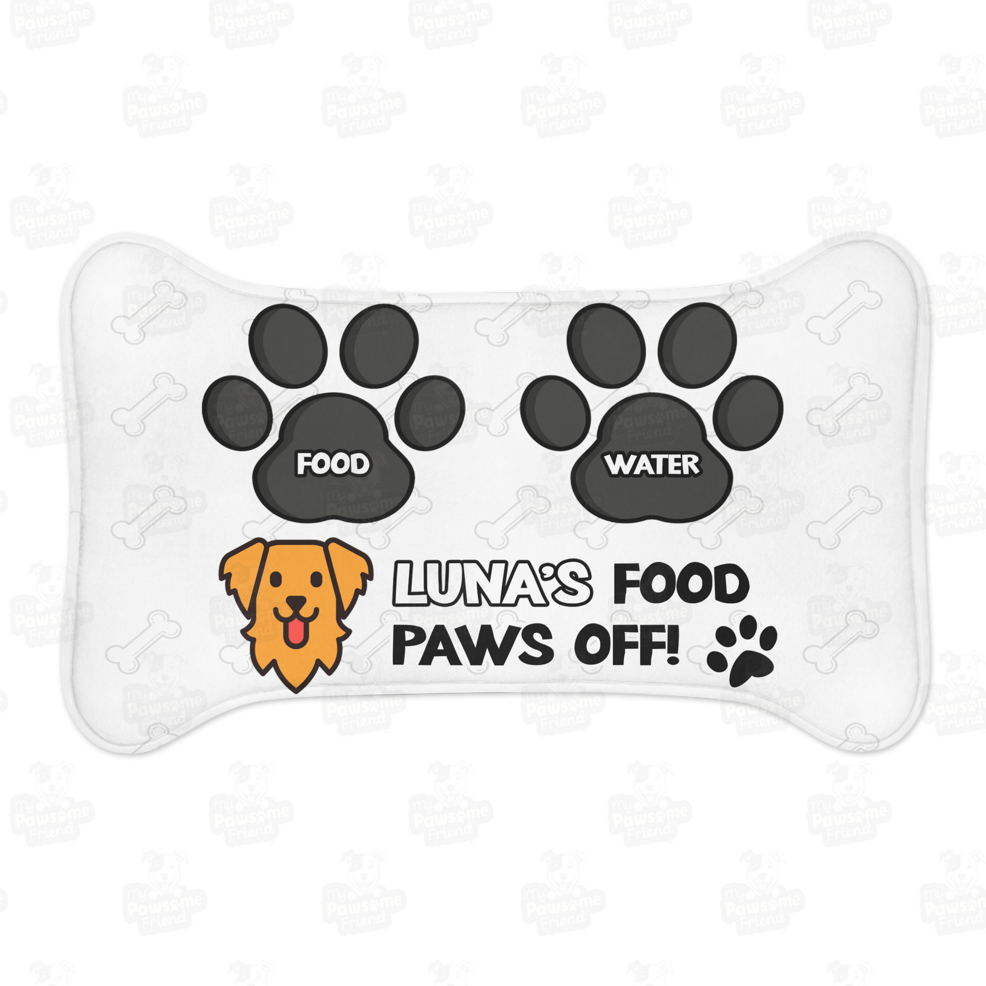 a personalized dog food mat with the a bone shape, two big paws with the words "Food" and "Water" at the top. And the face of a cute dog next to the words "Dog's Food Paws Off!". Color of the pet feeding mat is white