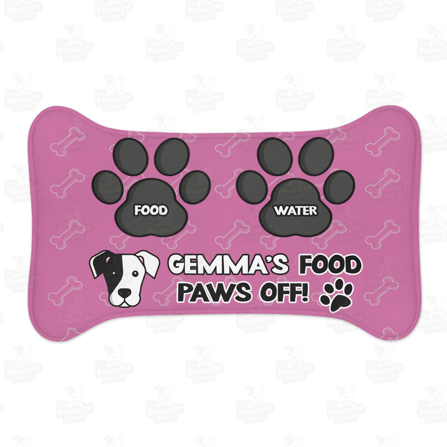 a personalized dog food mat with the a bone shape, two big paws with the words "Food" and "Water" at the top. And the face of a cute dog next to the words "Dog's Food Paws Off!". Color of the pet feeding mat is pink