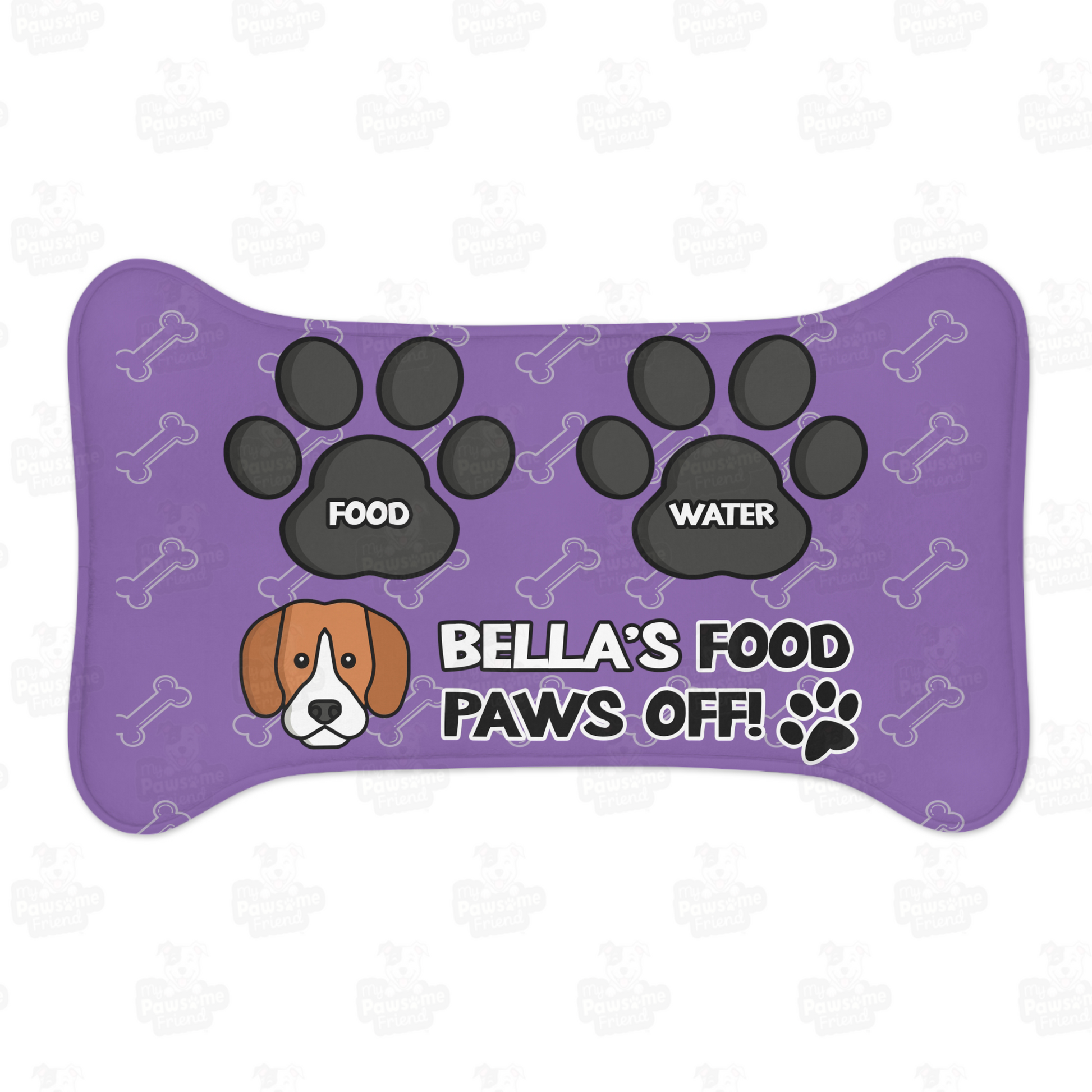 a personalized dog food mat with the a bone shape, two big paws with the words "Food" and "Water" at the top. And the face of a cute dog next to the words "Dog's Food Paws Off!". Color of the pet feeding mat is purple