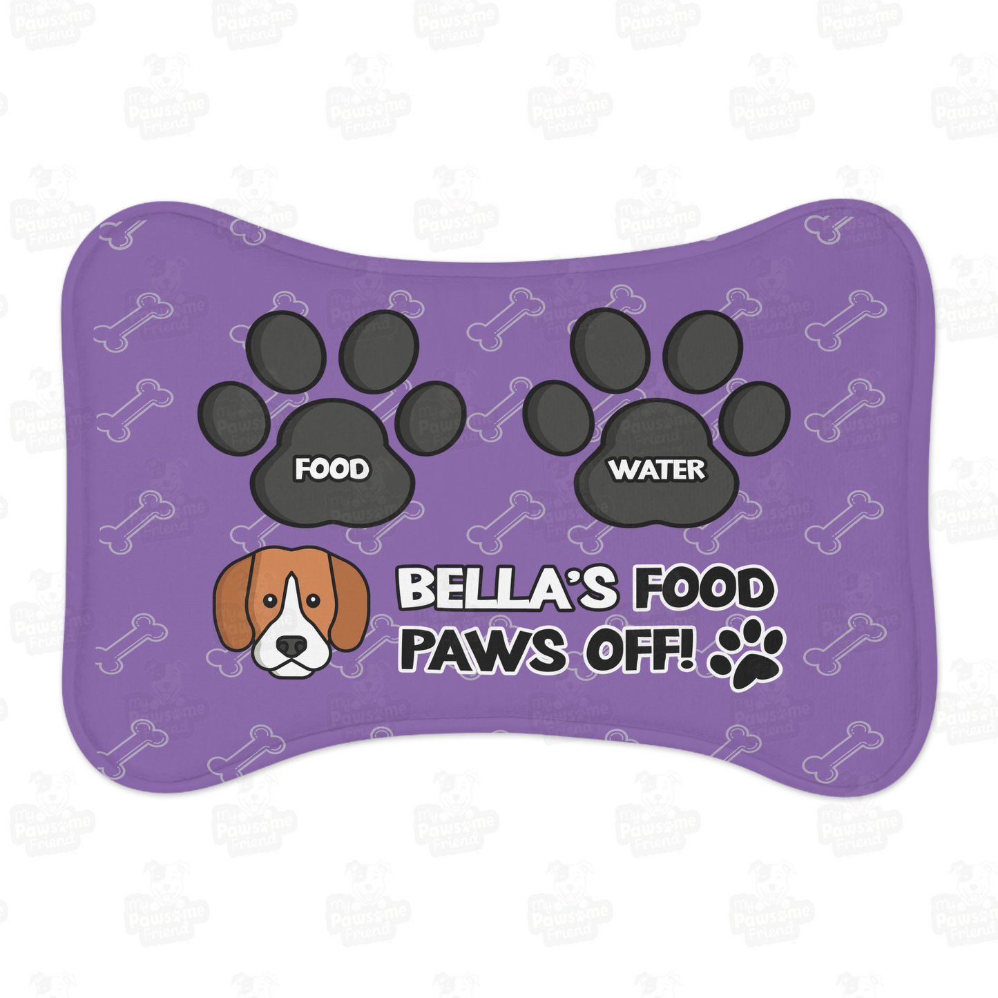 a personalized dog food mat with the a bone shape, two big paws with the words "Food" and "Water" at the top. And the face of a cute dog next to the words "Dog's Food Paws Off!". Color of the pet feeding mat is purple