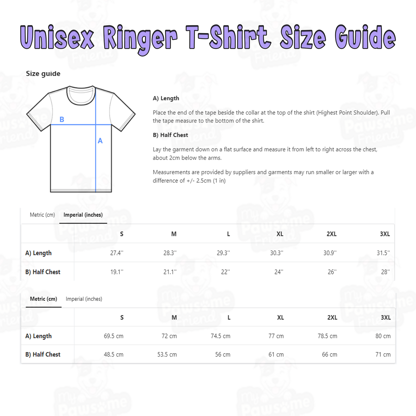 T shirt size guide for a Ringer Unisex t shirt with a cute design featuring a french bulldog smiling surrounded by heart designs, and the phrase "I love my Frenchie"