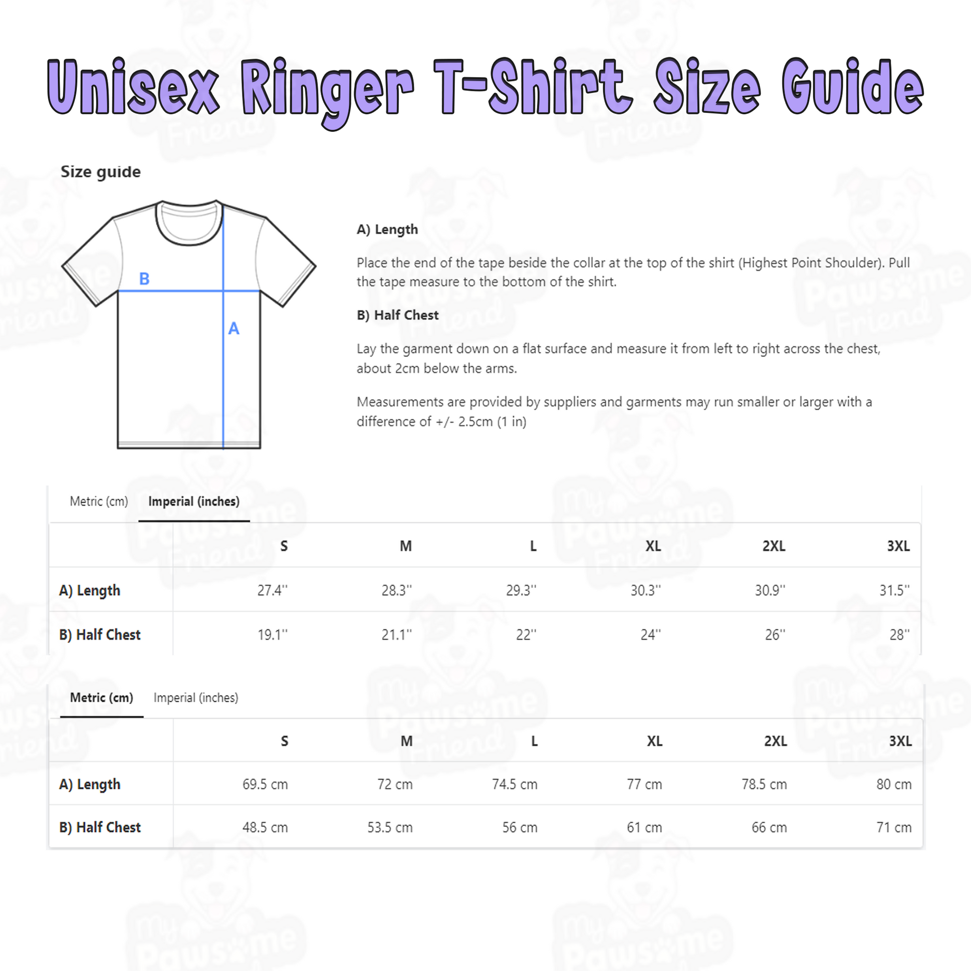 T shirt size guide for a Ringer Unisex t shirt with a cute design featuring a french bulldog smiling surrounded by heart designs, and the phrase "I love my Frenchie"