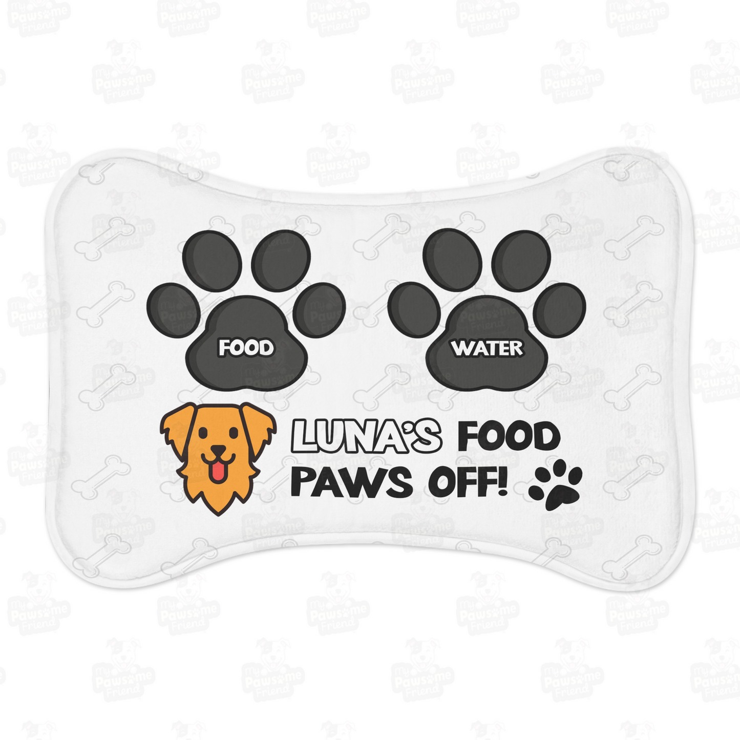 a personalized dog food mat with the a bone shape, two big paws with the words "Food" and "Water" at the top. And the face of a cute dog next to the words "Dog's Food Paws Off!". Color of the pet feeding mat is white