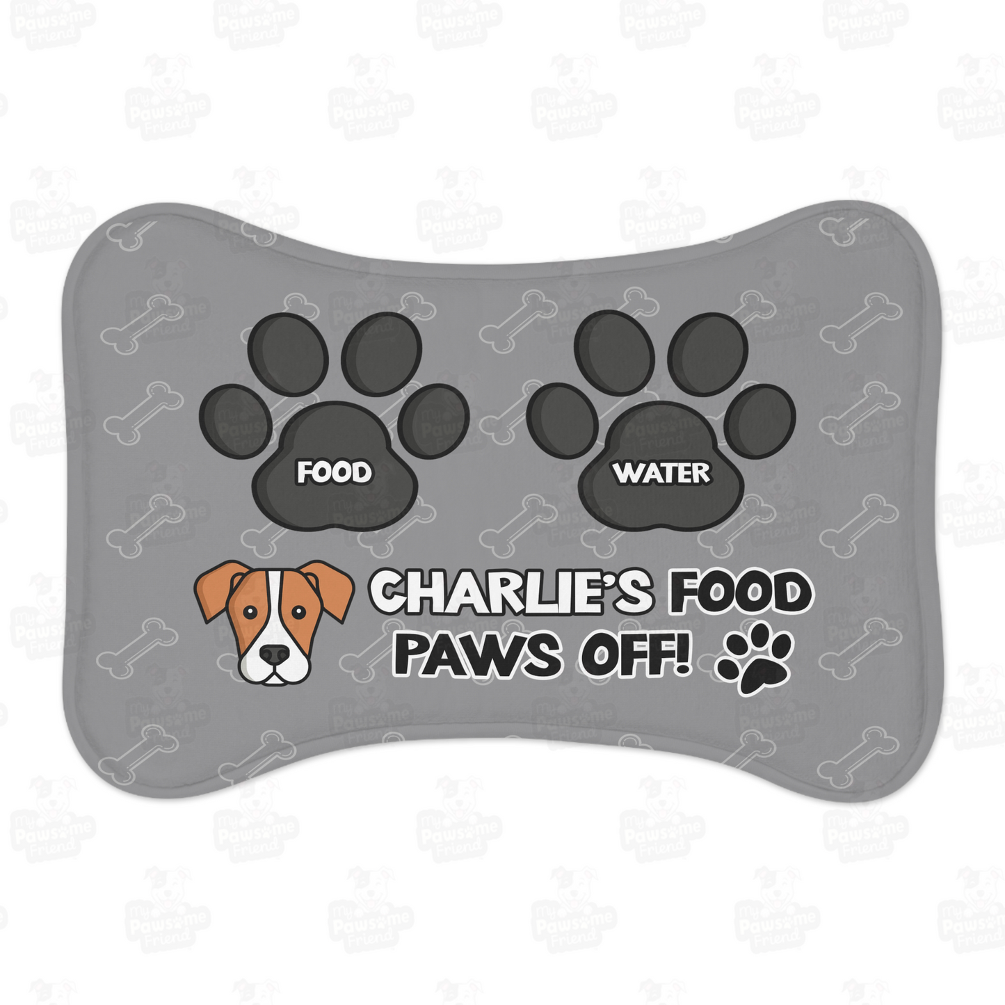 a personalized dog food mat with the a bone shape, two big paws with the words "Food" and "Water" at the top. And the face of a cute dog next to the words "Dog's Food Paws Off!". Color of the pet feeding mat is grey
