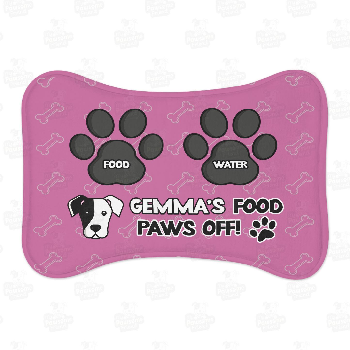 a personalized dog food mat with the a bone shape, two big paws with the words "Food" and "Water" at the top. And the face of a cute dog next to the words "Dog's Food Paws Off!". Color of the pet feeding mat is pink