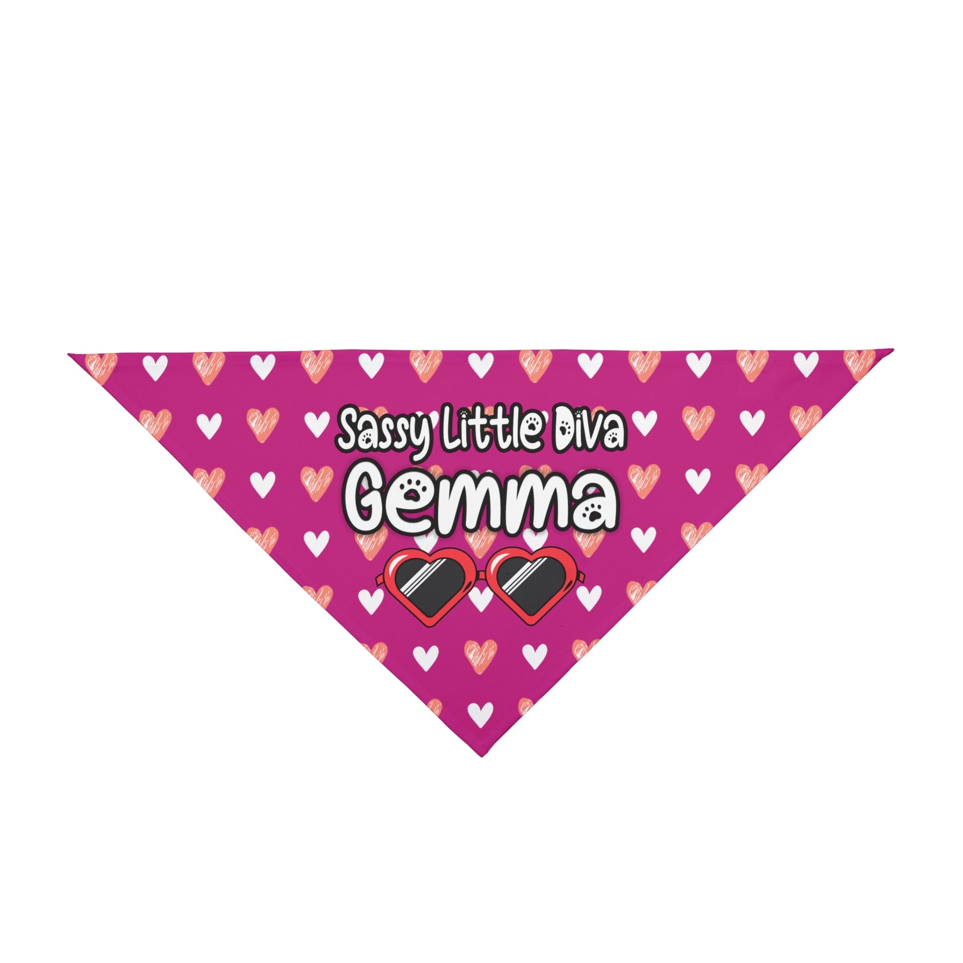 A pet bandana with a beautiful hearts pattern design with a message that says: "Little Diva Gemma" and sun glasses. Bandana's Color is pink