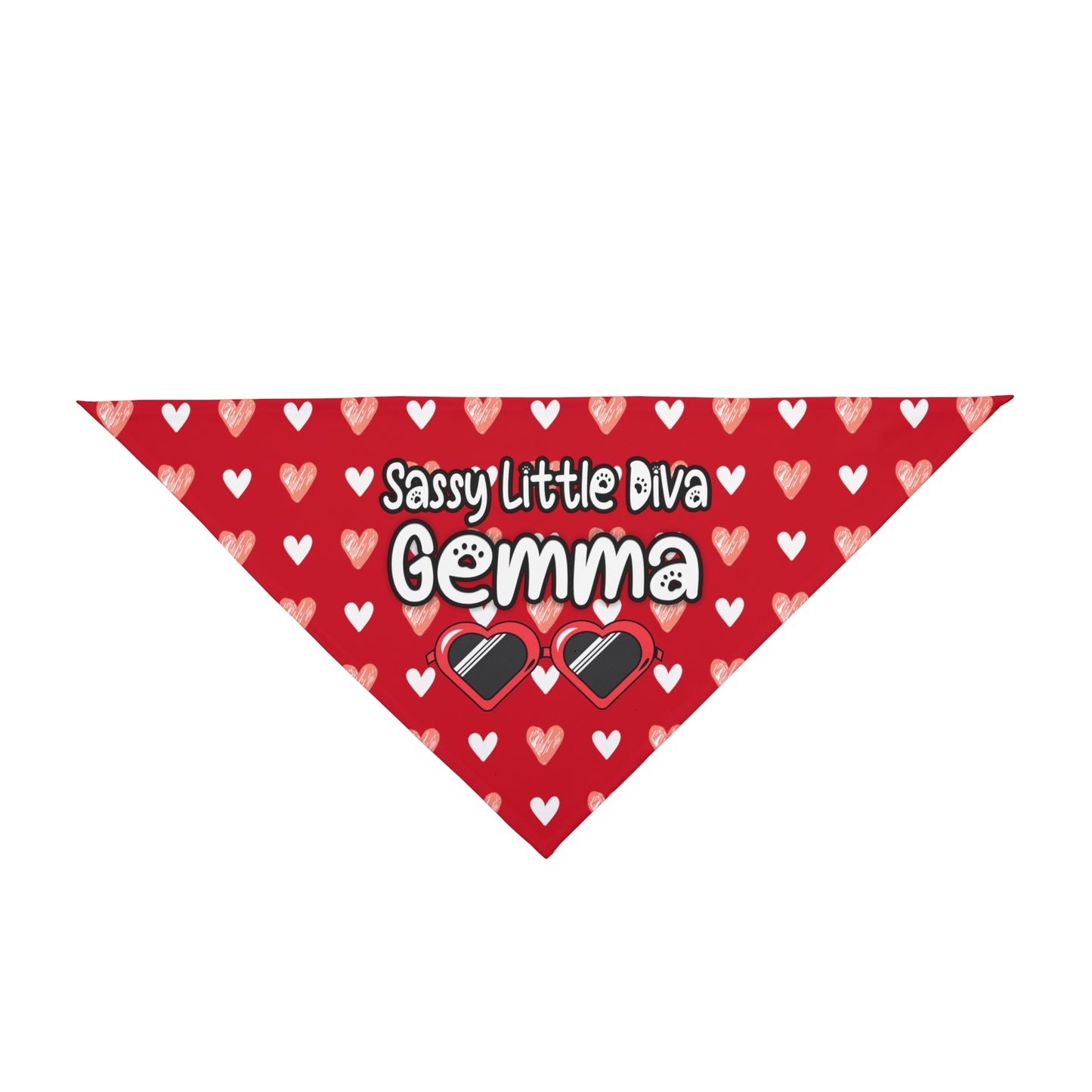 A pet bandana with a beautiful hearts pattern design with a message that says: "Little Diva Gemma" and sun glasses. Bandana's Color is red