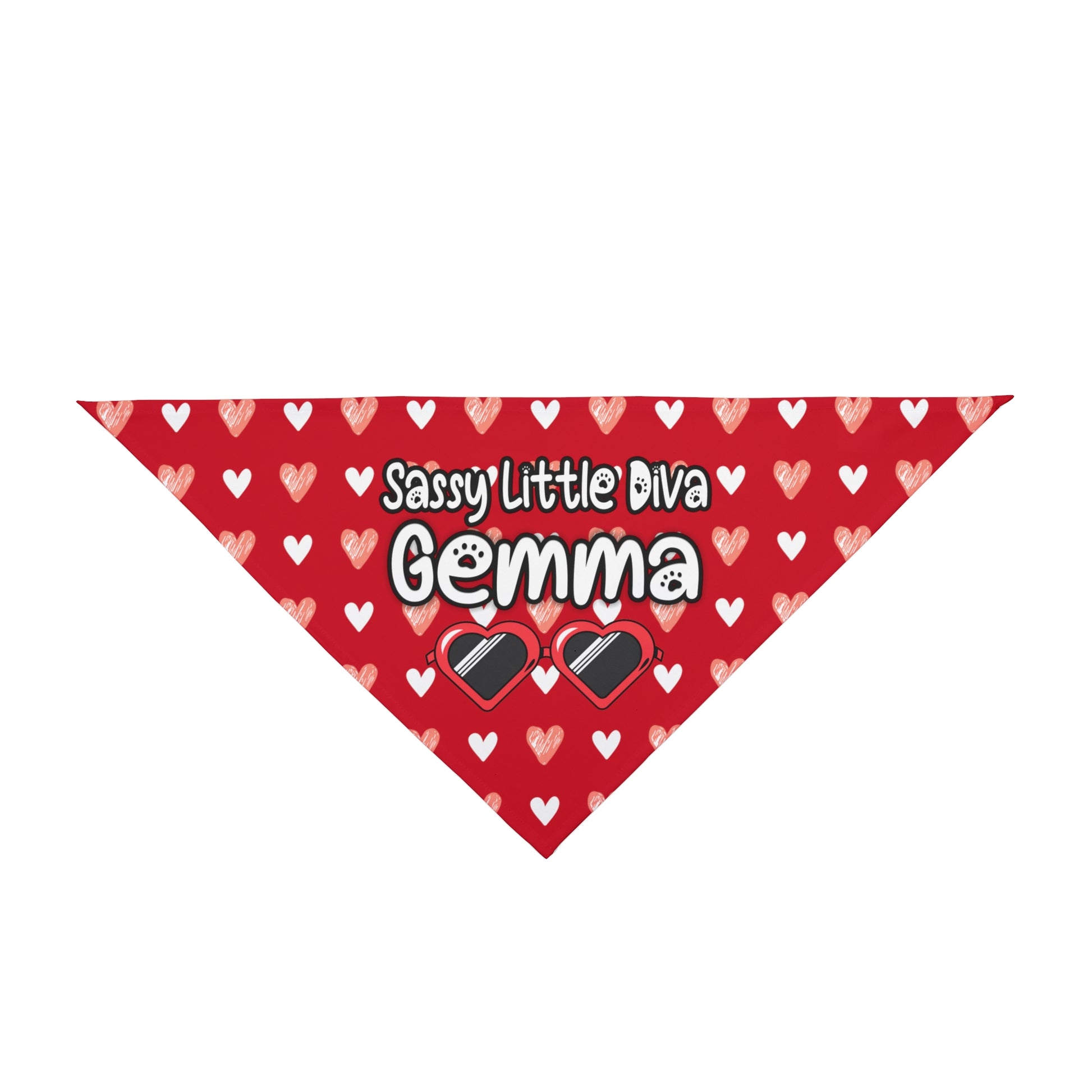 A pet bandana with a beautiful hearts pattern design with a message that says: "Little Diva Gemma" and sun glasses. Bandana's Color is red