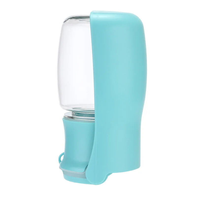A portable pet water bottle. The pet water bottle color is green