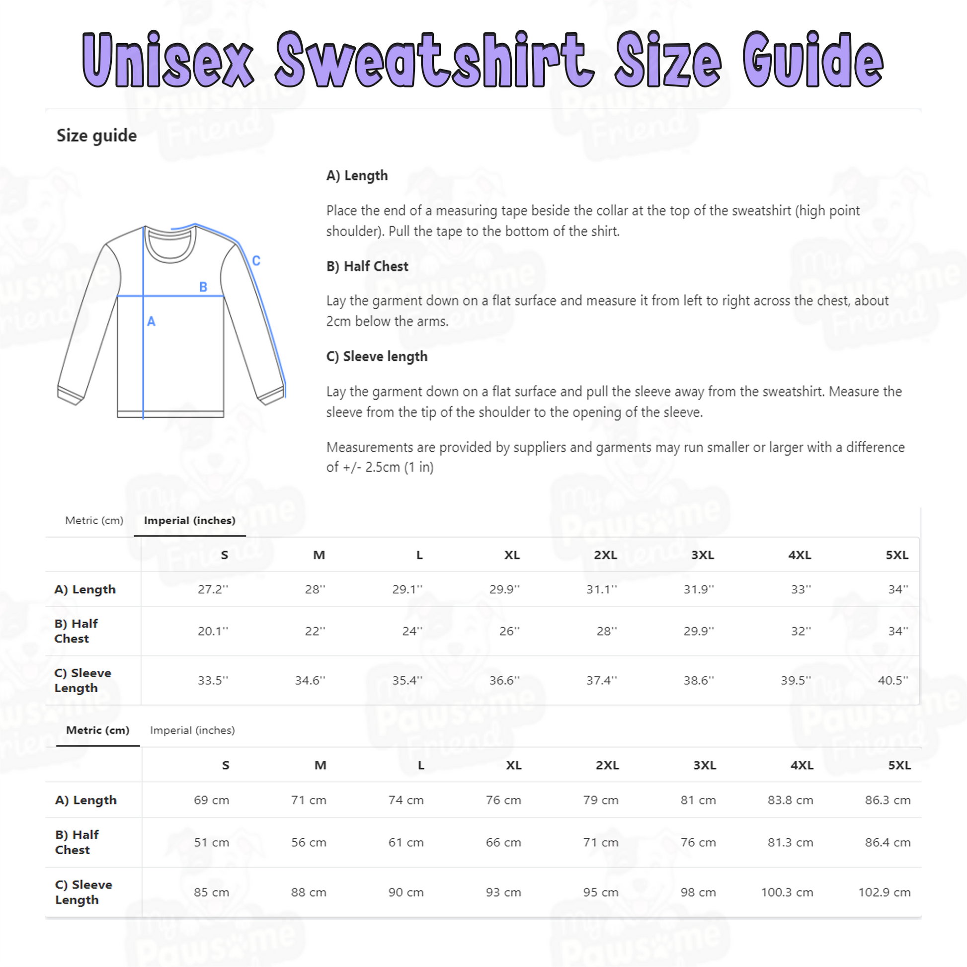 Size chart for a sweatshirt with the design: "Life's better with paws"