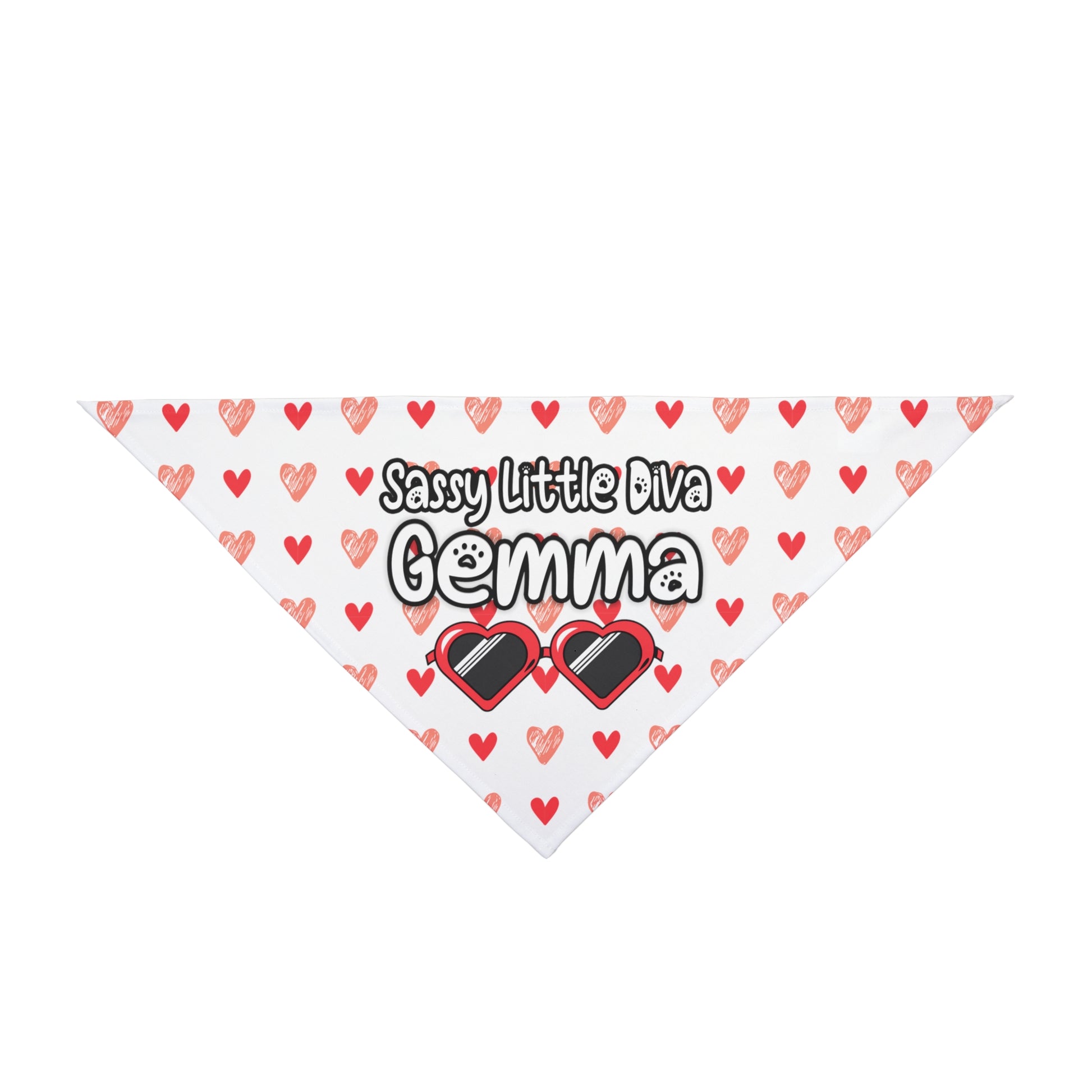 A pet bandana with a beautiful hearts pattern design with a message that says: "Little Diva Gemma" and sun glasses. Bandana's Color is white