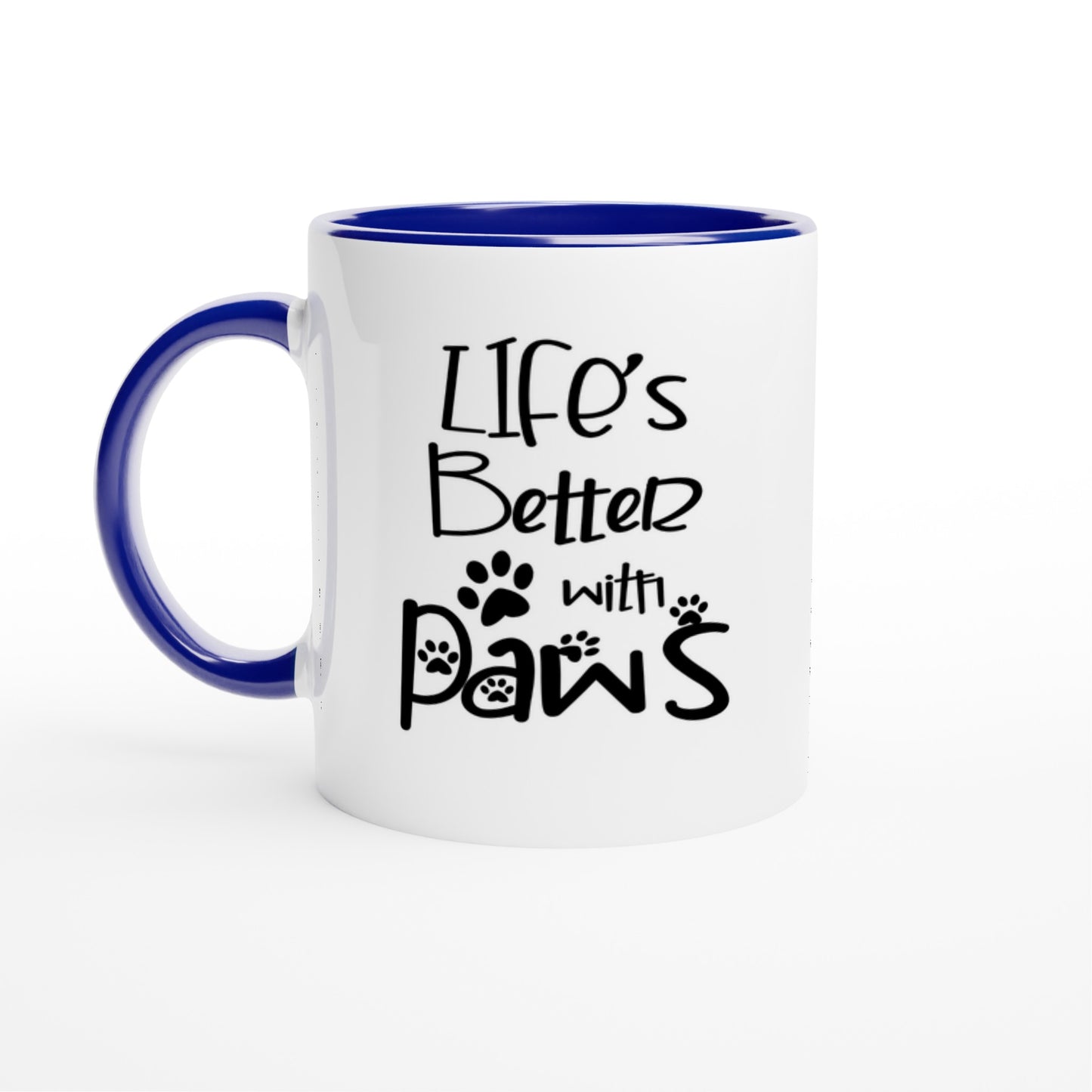 ceramic coffee mug with a logo design with the phrase: "Life's better with Paws" with a coloured handle and inside (blue)