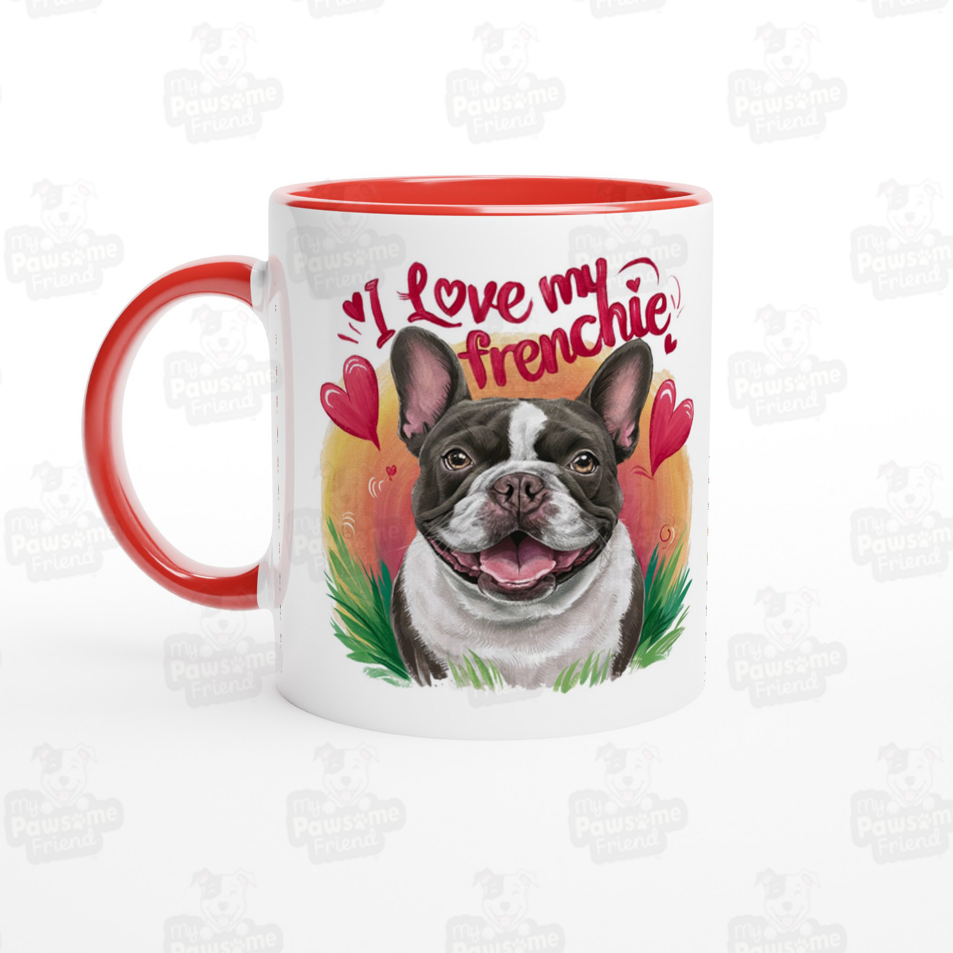 A coffee mug with a cute design featuring a french bulldog smiling surrounded by heart designs, and the phrase "I love my Frenchie". The handle color of the coffee mug is red