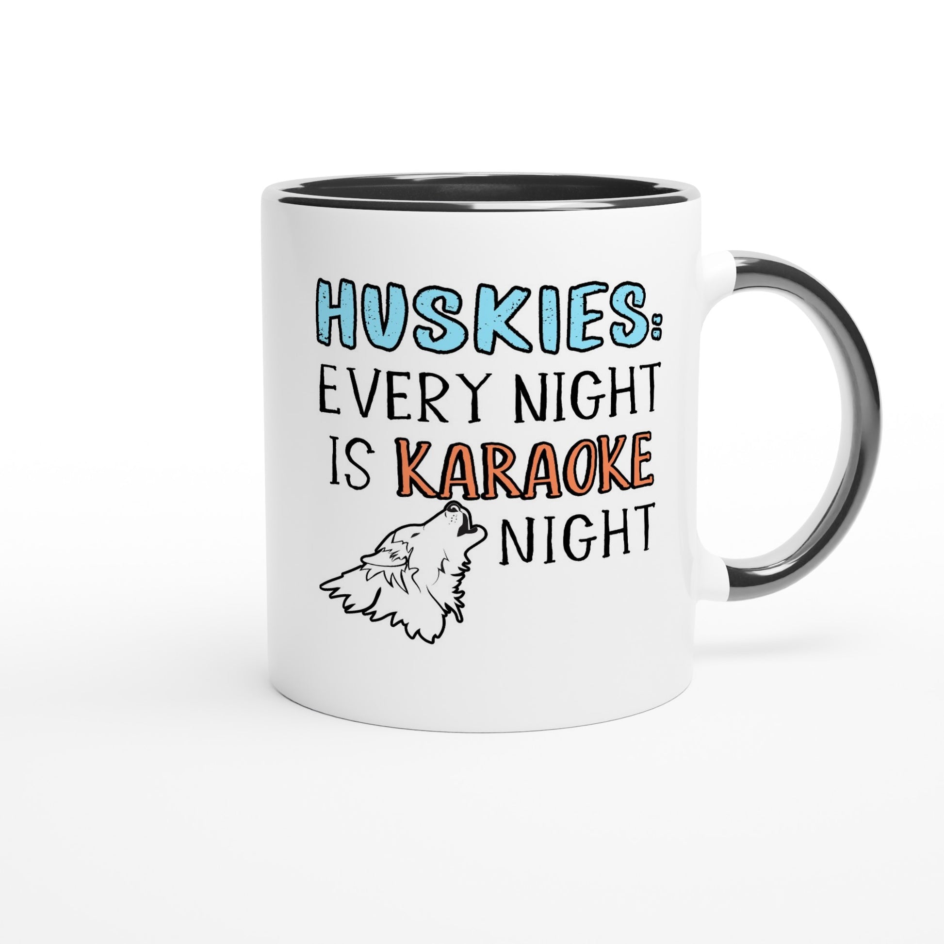 White ceramic coffee mug with the design: "HUSKIES: Every Night Is Karaoke Night.". The handle and interior are black