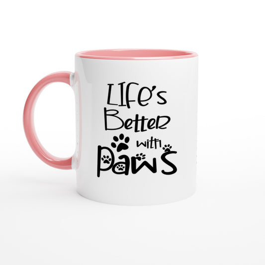 ceramic coffee mug with a logo design with the phrase: "Life's better with Paws" with a coloured handle and inside (pink)