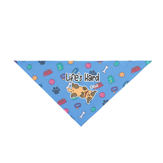 A pet bandana with a beautiful pattern design featuring all things dog love. A smiling dog sleeping below a message that says "Life's hard". Bandana's Color is blue