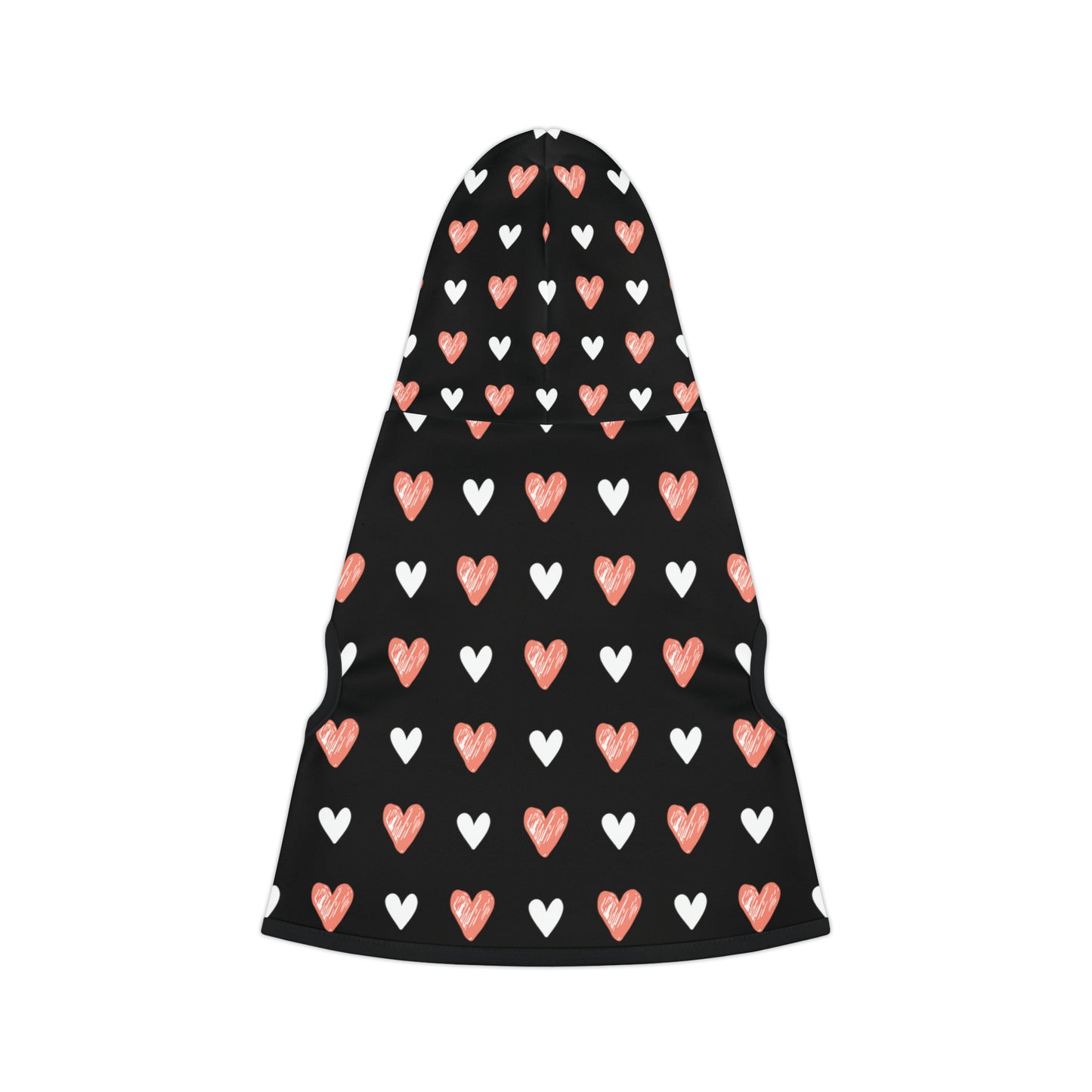 a pet hoodie with a beautiful hearts pattern design. Hoodie's Color is black