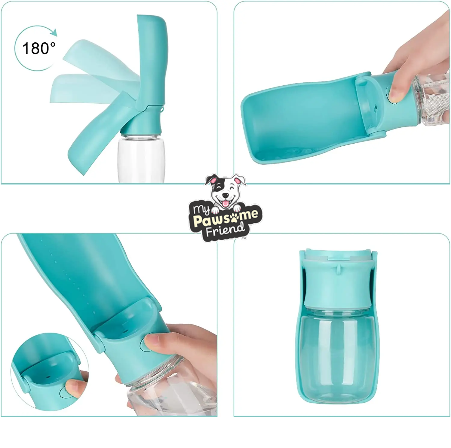 A portable pet water bottle. The pet water bottle color is green