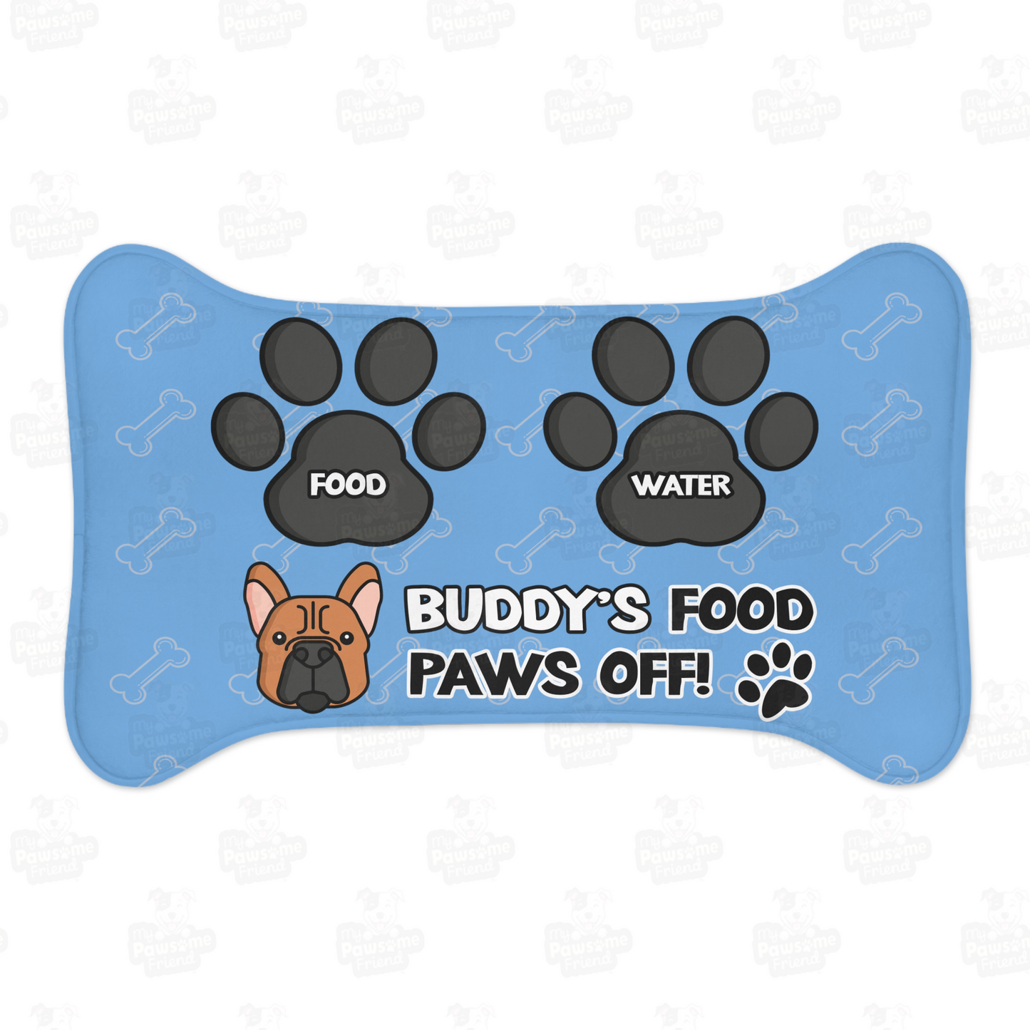 a personalized dog food mat with the a bone shape, two big paws with the words "Food" and "Water" at the top. And the face of a cute dog next to the words "Dog's Food Paws Off!". Color of the pet feeding mat is blue